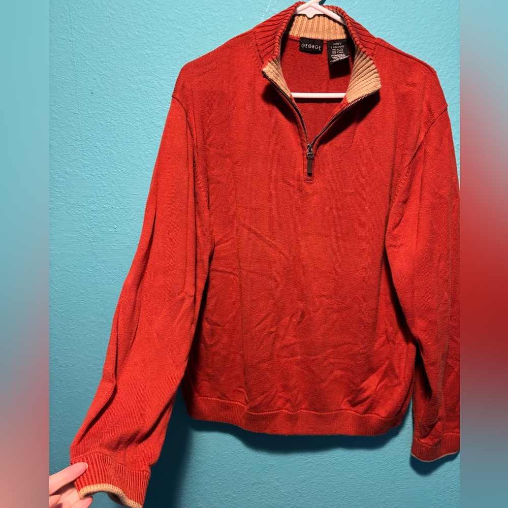 George Men's Vibrant Burnt Orange Zip-Up Sweater With Tan Accent at Neck/Cuffs